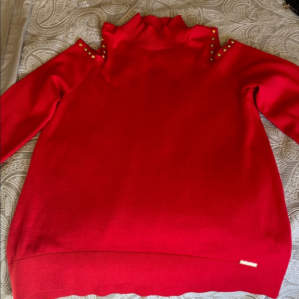 Michael Kors NWT Red Cold shoulder Sweater with Gold Stud Accents